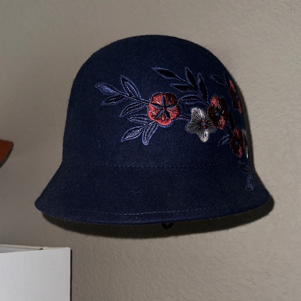 Charming Charlie Dark Blue Hat with Floral Embroidery